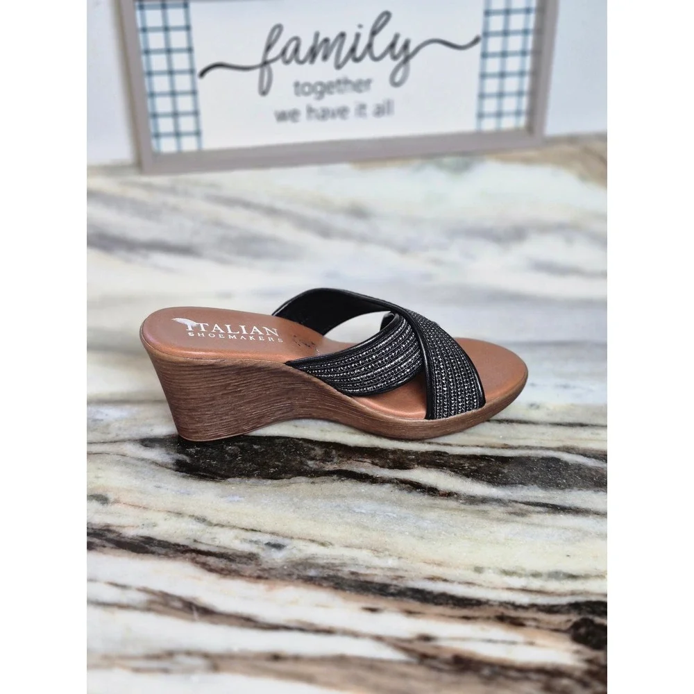 Italian Shoemakers Womens‎ Black Silver Shimmer Crisscross Wedge Sandals Size 7